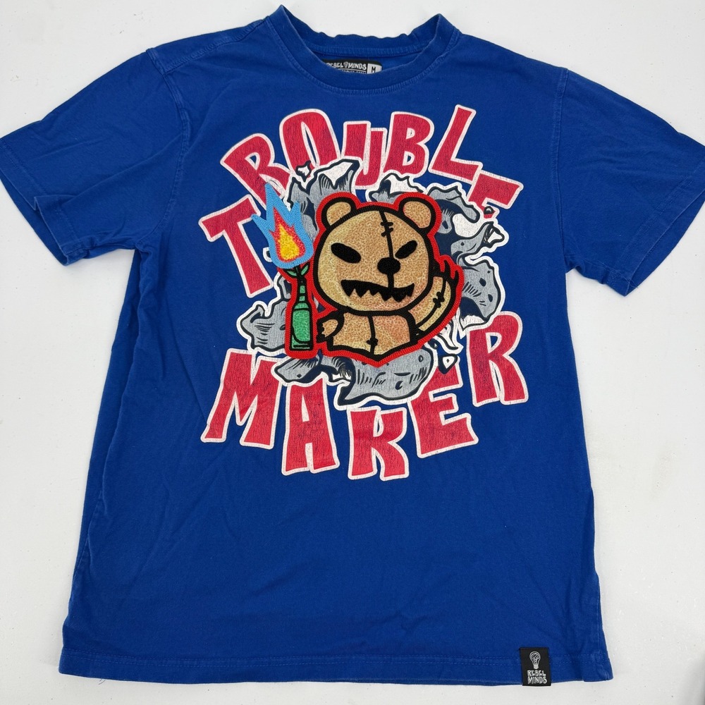 Rebel Minds Trouble Maker Graphic Tee Mens M Blue Chenille Bear Streetwear Shirt
